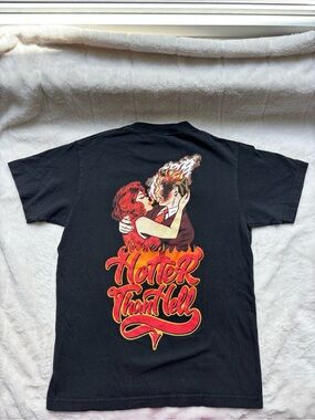Men's Black Graphic Tee — Hotter Than Hell Flame Kiss Broken Promises